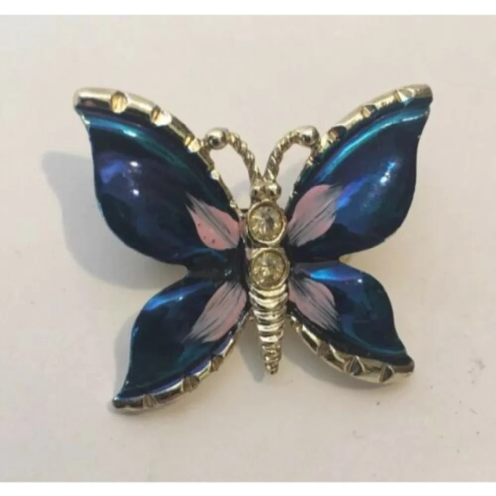 Beautiful BLUE BUTTERFLY BROOCH Lapel PIN Enamel ‎ Rhinestone Gold Tone Jewelry